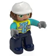 Duplo Figure with Construction Helmet White, Reddish Brown Hair, with Vibrant Yellow Vest, Dark Blue Legs, Vibrant Yellow