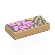 Tile 1 x 2 with Dark Pink Flower, Tattoo Print, Warm Tan