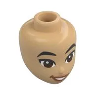 Minidoll Head, Black Eyebrows, Reddish Brown Eyes, Open Mouth Smile, Dark Orange Lips Print, Warm Tan