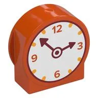 Duplo Brick 1 x 3 x 2 Round Top with Clock, White Face, Dark Red Arms, Orange Numbers / Orange Fruit Print, Reddish Orange
