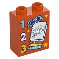 Duplo Brick 1 x 2 x 2 with '1, 2, 3', Sunglasses, Note, Pencils Print, Reddish Orange