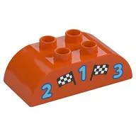 Duplo Brick 2 x 4 Curved Top with 2 Checkered Flags and '1', '2', and '3' Print, Reddish Orange
