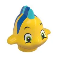 Animal, Fish with Large Eyes, Medium Blue Dorsal and Tail Fin and Blue Stripes on Top Print (Flounder / Fabius), Yellow