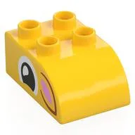 Duplo Brick 2 x 3 with Curved Top with Squinting Eye, Dark Orange/Bright Pink Ear Print, Yellow