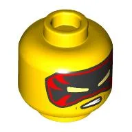 Minifig Head Kai, Black/Red Eyemask, Angry Teeth/Dark Orange Eyebrows, Scar, Bandage, Smirk Print, Yellow