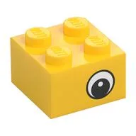 Brick 2 x 2 with Eye with White Print on Two Sides, White Circle in Pupil, Offset, Yellow