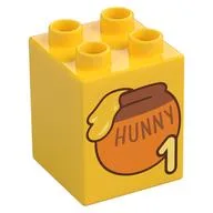 Duplo Brick 2 x 2 x 2 with '1', 'HUNNY', Honey Pot Print, Yellow