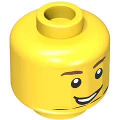 Minifig Head Alfie the Apprentice / Knight, Brown Eyebrows, Open Lopsided Grin, White Pupils Print, Yellow