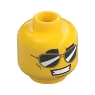 Minifig Head, Reflective Sunglasses, Smile with Teeth / White Pupils Print, Yellow
