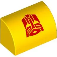 Brick Curved 1 x 2 x 1 No Studs with Red Autotron Print, Yellow