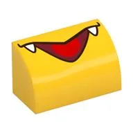 Brick Curved 1 x 2 x 1 No Studs with Open Mouth, Red Tongue, White Fangs Print, Yellow