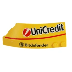 Brick Wedged, Curved 8 x 3 x 2 Open Right with White Lines 'UniCredit', 'Bitdefender' Print, Yellow