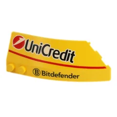Brick Wedged, Curved 8 x 3 x 2 Open Left with White Lines 'UniCredit', 'Bitdefender' Print, Yellow