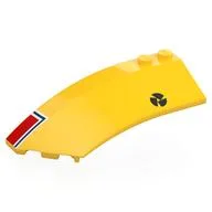 Brick Wedged, Curved 8 x 3 x 2 Open Left with Red Rectangle., White/Dark Blue Lines, Black Nacional Logo Print, Yellow
