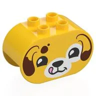 Duplo Brick 2 x 4 x 2 Rounded Ends with Dog Head, Reddish Brown Ears Print, Yellow
