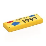 Tile 1 x 3 with Red/Blue Triangles, Blue Hedgehog, 'GREEN HILL 1991' Print, Yellow