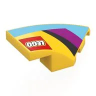 Brick Wedged, Curved 4 x 2 with Stud Notch Right with LEGO logo, Medium Azure/Black/Magenta Shapes Print, Yellow