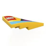 Brick Wedged, Curved 4 x 2 with Stud Notch Left with LEGO logo, Medium Azure/Black/Magenta Shapes Print, Yellow