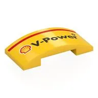 Brick Curved 4 x 2 Double with Black Shell 'V-Power', Red Stripe Print, Yellow