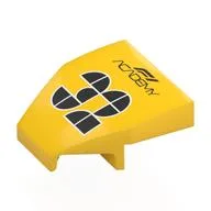 Brick Wedged, Curved 2 x 2 x 2/3 with Notches 27° with Black 'F1 ACADEMY 32' Print, Yellow