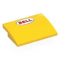 Brick Curved 4 x 3 x 2/3 No Studs with Red 'BELL' in Black Oval, White Field Print, Yellow