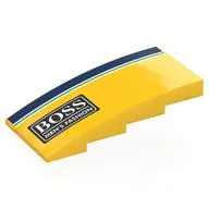 Brick Curved 4 x 8 x 1 2/3 No Studs with Dark Blue/White/Green Stripes, White BOSS MAN'S FASHION' on Black Background Print, Yellow