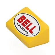 Brick Sloped 30° 1 x 2 x 2/3 with Red 'BELL', Black 'HELMETS' in Black Oval, White Field Print, Yellow