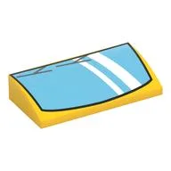 Brick Curved 2 x 4 x 2/3 No Studs with Medium Blue Windscreen, Silver Wipers Print, Yellow