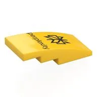Brick Curved 4 x 2 No Studs with Black Logo, 'perplexity' Print, Yellow
