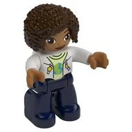Duplo Figure with Curly Hair Dark Brown, Dark Blue Legs, Jacket over Yellowish Green Shirt Print, White