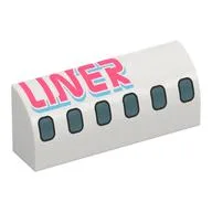 Brick Curved 1 x 4 x 1 1/3 No Studs with Airplane Windows, Coral 'LINER' Print, White
