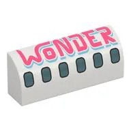 Brick Curved 1 x 4 x 1 1/3 No Studs with Airplane Windows, Coral 'WONDER' Print, White