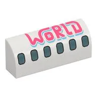 Brick Curved 1 x 4 x 1 1/3 No Studs with Airplane Windows, Coral 'WORLD' Print, White