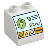 Duplo Brick 2 x 2 x 1 1/2 with Curved Top, Control Screen, Lightning Bolt, Leave, Train, Shapes Print, White