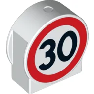 Duplo Brick 1 x 3 x 2 Round Top, Cut Away Sides with Road Sign with 30 Print, White