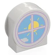 Duplo Brick 1 x 3 x 2 Round Top, Cut Away Sides with Window and Sun Print, White