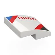 Brick Curved 2 x 2 x 2/3 with Red 'HUGO', Blue/Red/Black Stripes Print, White