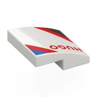 Brick Curved 2 x 2 x 2/3 with Red 'HUGO', Blue/Red/Black Stripes Print, White