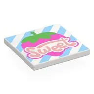 Tile 4 x 4 with Warm Pink 'SWEET', Strawberry, Bright Light Blue Stripes Print, White