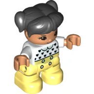 Duplo Figure Child with Ponytails and Bangs Black, with Nougat Face and Hands, Bright Light Yellow Legs, Black Heart, Light Green Collar Print, White
