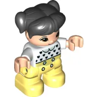 Duplo Figure Child with Ponytails and Bangs Black, with Light Nougat Face and Hands, Bright Light Yellow Legs, Black Heart, Light Green Collar Print, White