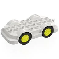 Duplo Car Base 4 x 8 with Four Black Wheels and Vibrant Yellow Hubs, White