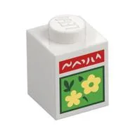 Brick 1 x 1 with White Scribbling On Red Rectangle, Bright Light Yellow Flowers in Bright Green Square Print, White