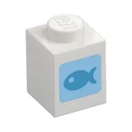 Brick 1 x 1 with Dark Azure Fish on Medium Blue Square Print, White