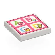 Tile 2 x 2 with Lime 'A', Apple, Coral 'B', Ball, Medium Azure 'C', Cat, Yellow 'D', Dino, on Coral Background Print, White