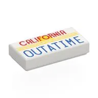 Tile 1 x 2 with Yellow Stripes, Red 'CALIFORNIA', Blue 'OUTATIME' Print, White