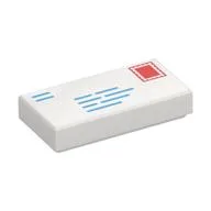 Tile 1 x 2 with Mail Envelope, Blue Addresses, Red and White Stamp Print, White
