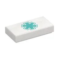 Tile 1 x 2 with Dark Turquoise Star of Life Print, White