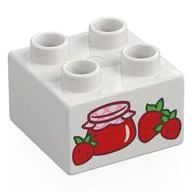 Duplo Brick 2 x 2 with Strawberries and Jam Jar Print, White