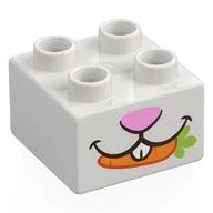 Duplo Brick 2 x 2 with Bright Pink Bunny Nose, Mouth, Carrot Print, White